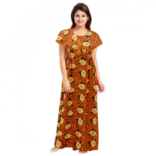 Amfyn Women's Cotton Printed Maxi Nighty (Mustard)