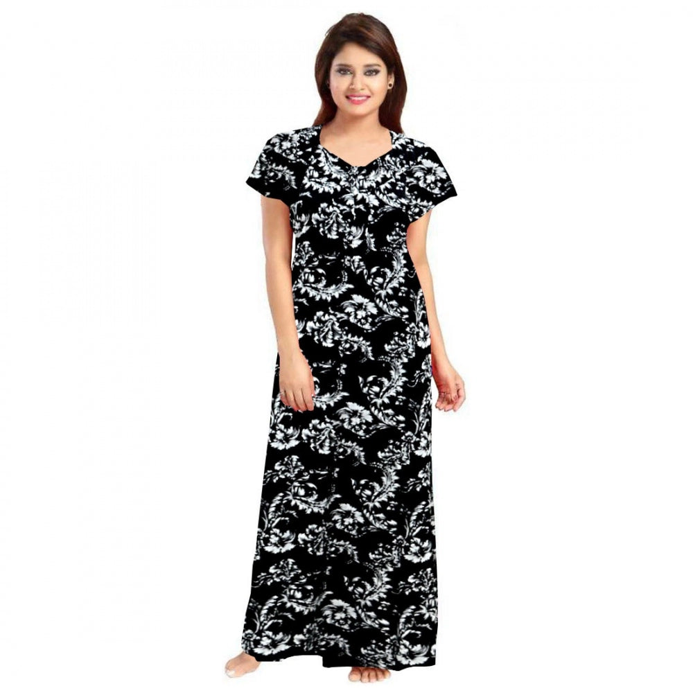 Amfyn Women's Cotton Printed Maxi Nighty (Black)