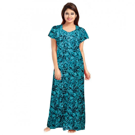 Amfyn Women's Cotton Printed Maxi Nighty (Blue)