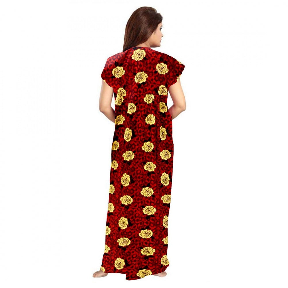 Amfyn Women's Cotton Printed Maxi Nighty (Maroon)