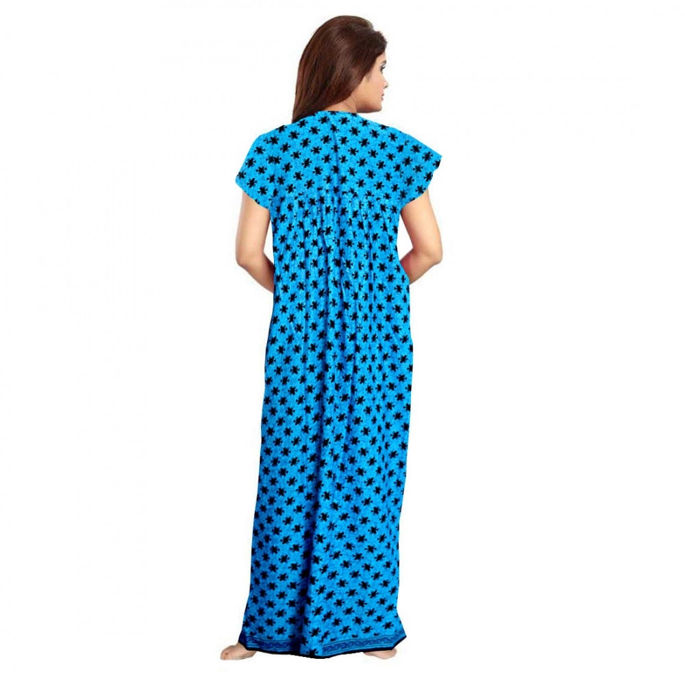 Amfyn Women's Cotton Printed Maxi Nighty (Aqua Blue)