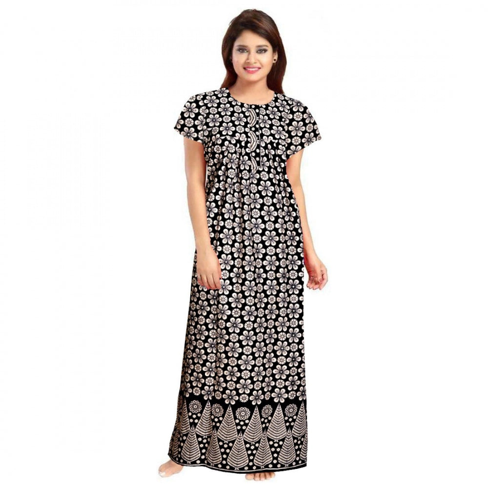 Amfyn Women's Cotton Printed Maxi Nighty (Black)