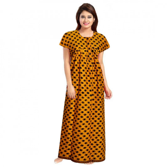 Amfyn Women's Cotton Printed Maxi Nighty (Mustard)