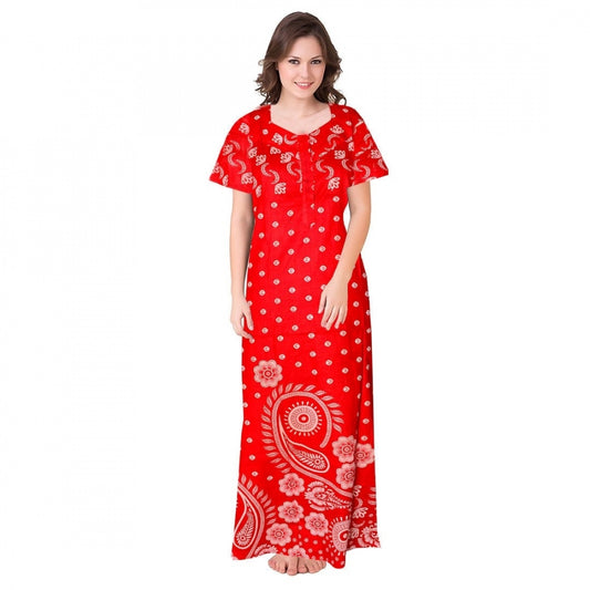 Amfyn Women's Cotton Printed Maxi Nighty (Red)