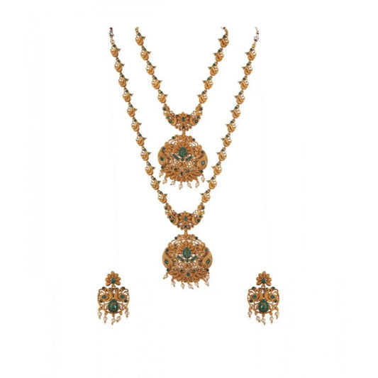 Fashion Women's Elegent And Modern Double Line Temple Jewellery Set (Green, Free Size)