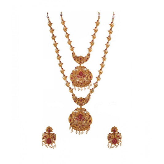 Fashion Women's Elegent And Modern Double Line Temple Jewellery Set (Red, Free Size)