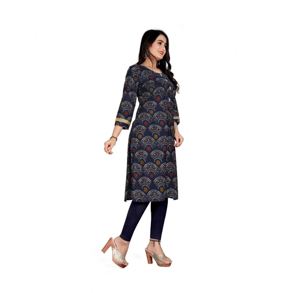 Amfyn Women's Rayon Foil Printed Straight Kurti (Navy Blue)