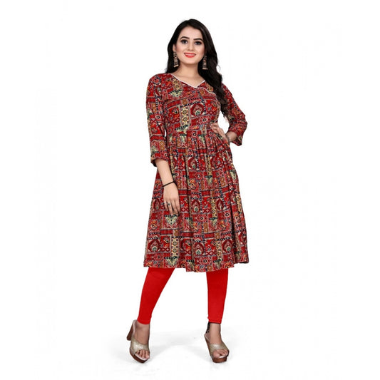 Amfyn Women's Rayon Foil Printed Straight Kurti (Red)