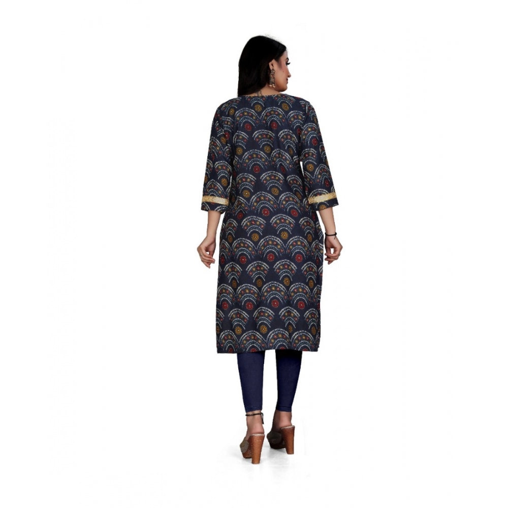 Amfyn Women's Rayon Foil Printed Straight Kurti (Navy Blue)