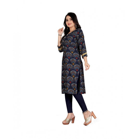 Amfyn Women's Rayon Foil Printed Straight Kurti (Navy Blue)