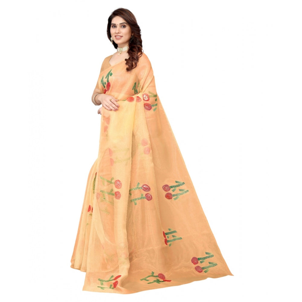 Amfyn Women's Organza Floral Pattern Sarees (Orange, 5-6 Mtrs)