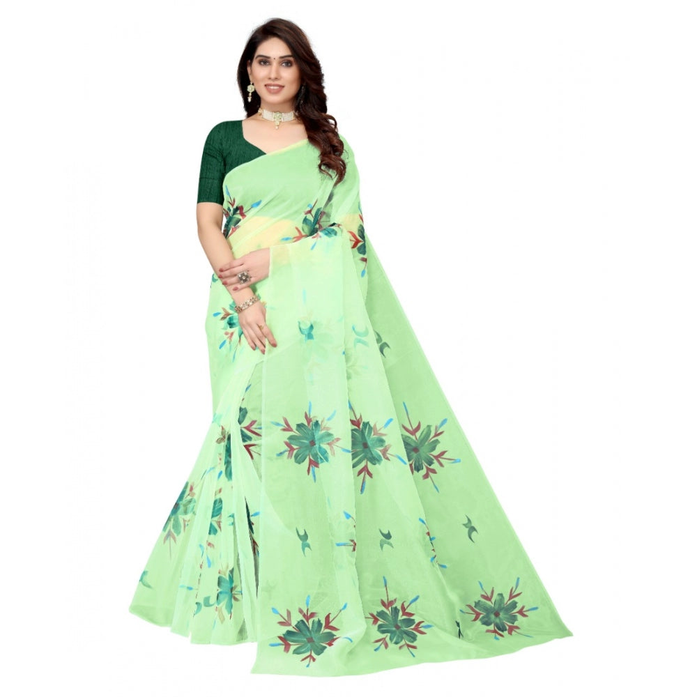 Amfyn Women's Organza Floral Pattern Sarees (Parrot Green, 5-6 Mtrs)