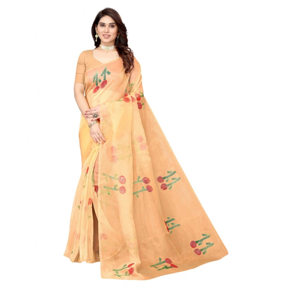 Amfyn Women's Organza Floral Pattern Sarees (Orange, 5-6 Mtrs)