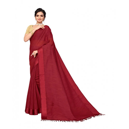 Amfyn Women's Cotton Blend Stripe Pattern Sarees (Maroon, 5-6 Mtrs)