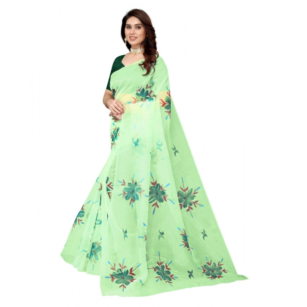 Amfyn Women's Organza Floral Pattern Sarees (Parrot Green, 5-6 Mtrs)