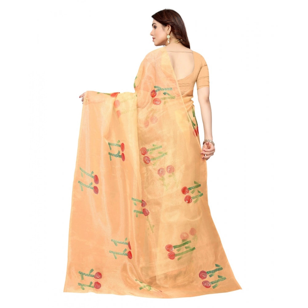 Amfyn Women's Organza Floral Pattern Sarees (Orange, 5-6 Mtrs)