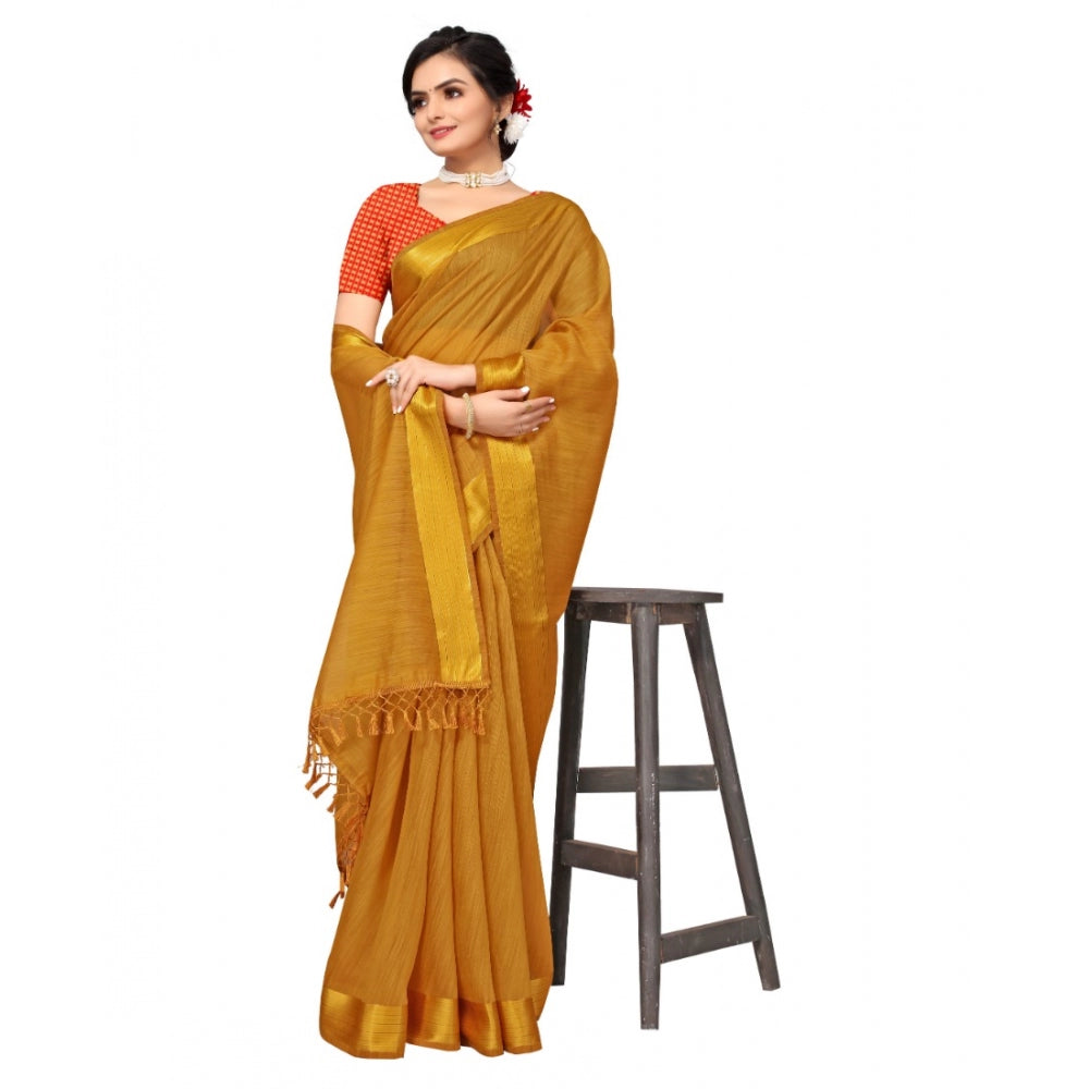 Amfyn Women's Cotton Blend Stripe Pattern Sarees (Mustard, 5-6 Mtrs)