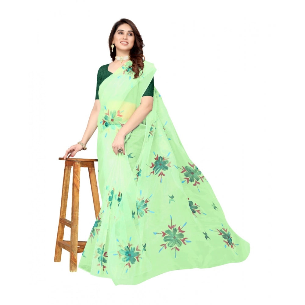 Amfyn Women's Organza Floral Pattern Sarees (Parrot Green, 5-6 Mtrs)