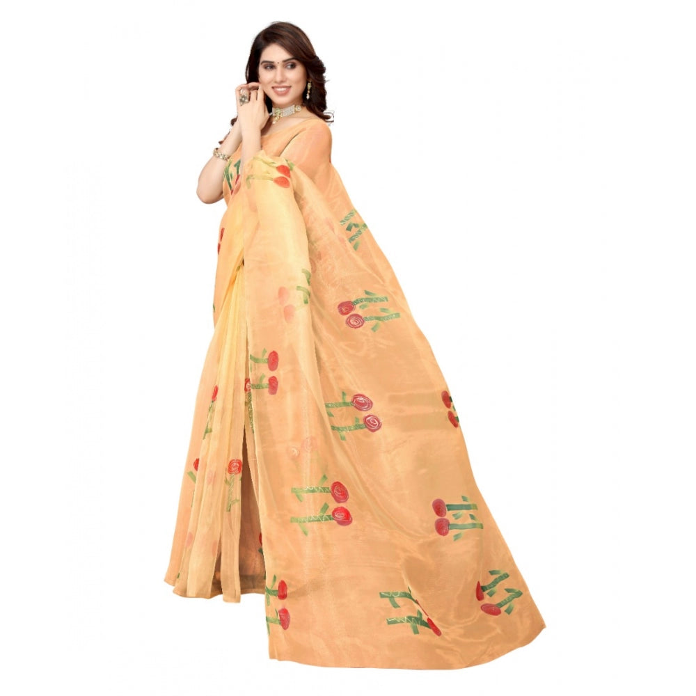 Amfyn Women's Organza Floral Pattern Sarees (Orange, 5-6 Mtrs)