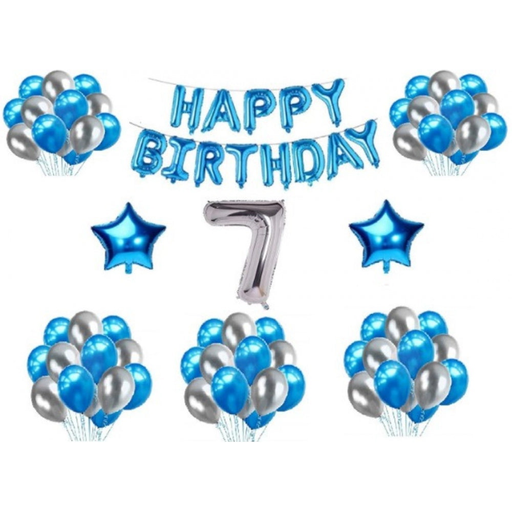 Fashion 7Th Happy Birthday Decoration Combo With Foil And Star Balloons (Blue, Silver)