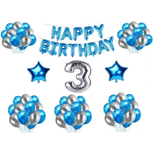 Fashion 3Rd Happy Birthday Decoration Combo With Foil And Star Balloons (Blue, Silver)