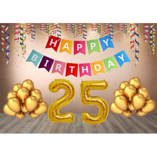 Amfyn 25Th Happy Birthday Decoration Combo With Multi Color Banner (Golden)