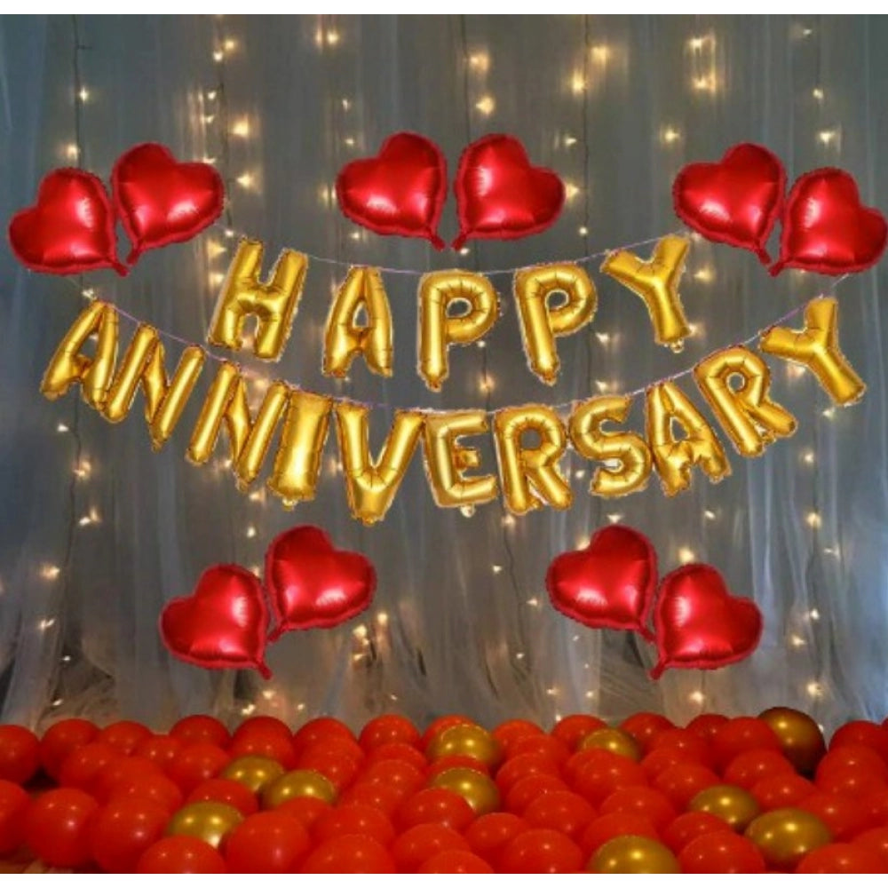 Fashion Red And Golden Happy Anniversary Decorations Set Of Metallic Balloons (Multicolor)