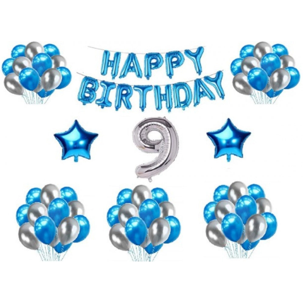 Fashion 9Th Happy Birthday Decoration Combo With Foil And Star Balloons (Blue, Silver)