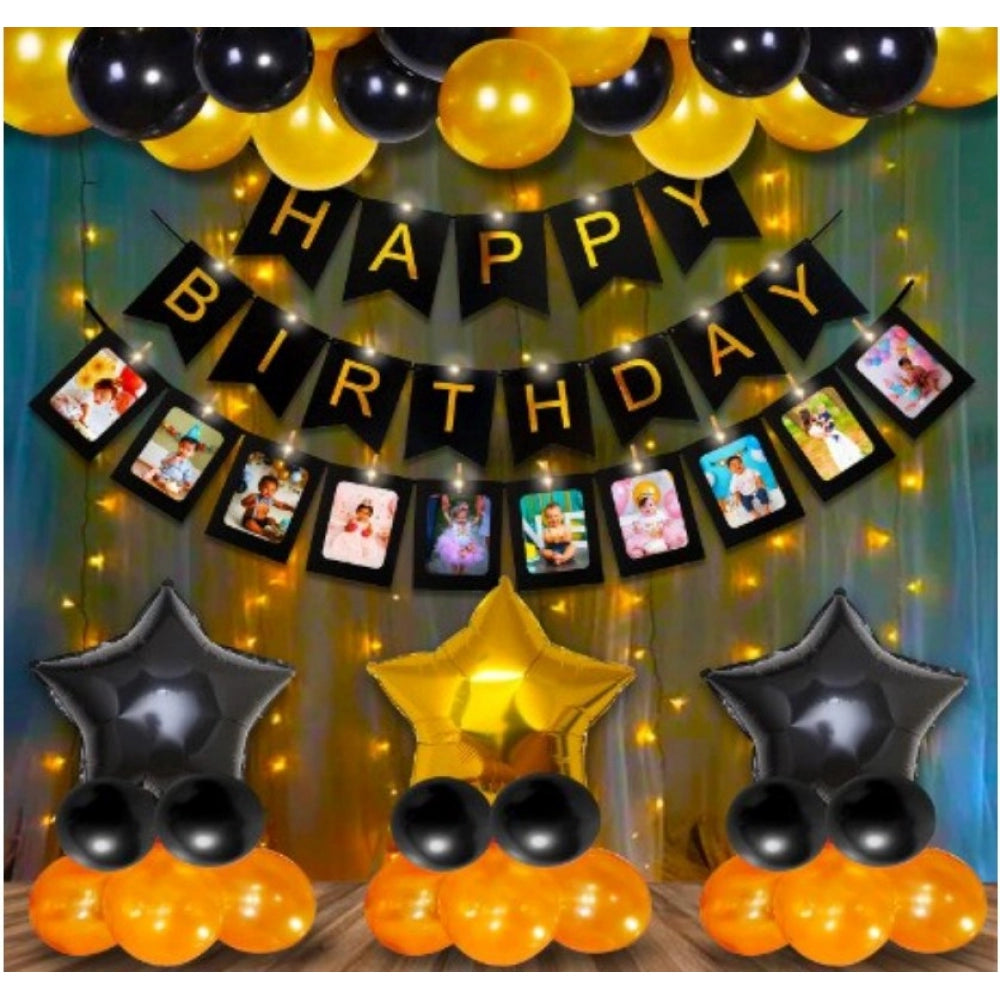 Fashion Happy Birthday Decoration Combo Of Foil Curtain, Banner And Balloons (Multicolor)