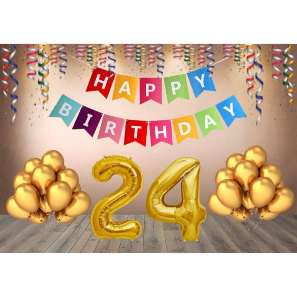 Amfyn 24Th Happy Birthday Decoration Combo With Multi Color Banner (Golden)