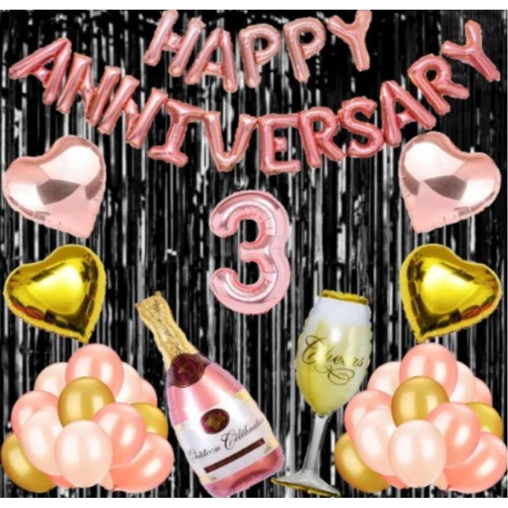 Fashion 3Rd Anniversary Rose Gold Foil Balloons With Happy Decoration Items Set (Rose Gold)