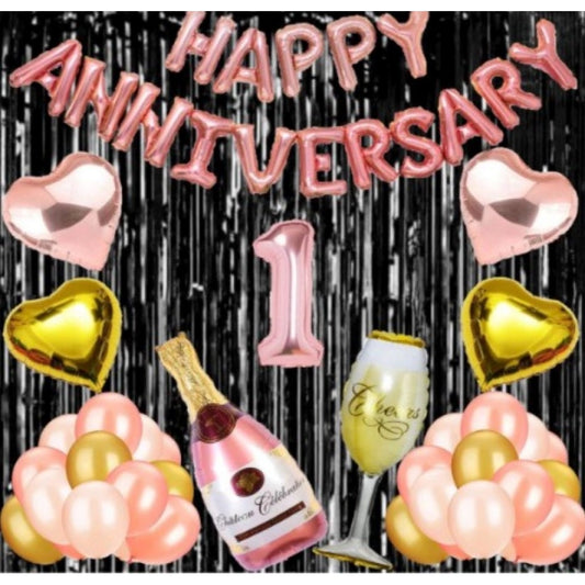 Fashion 1St Anniversary Rose Gold Foil Balloons With Happy Decoration Items Set (Multicolor)