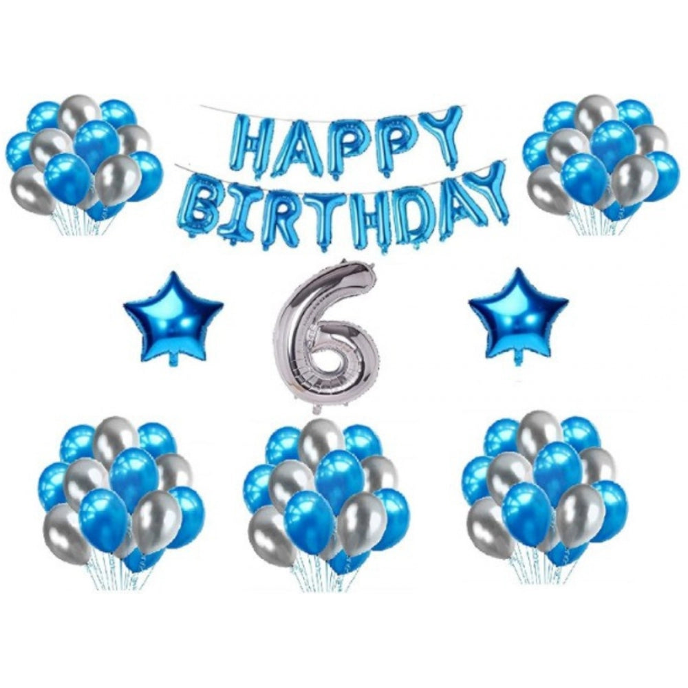 Fashion 6Th Happy Birthday Decoration Combo With Foil And Star Balloons (Blue, Silver)