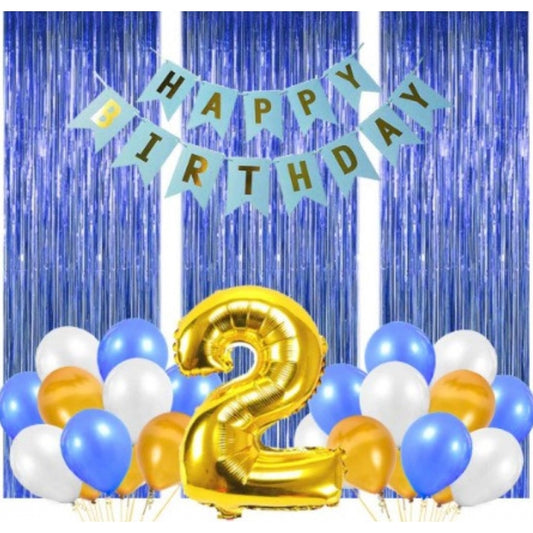 Fashion 2Nd Birthday Decoration Combo Of No 2 Foil Balloons, Banner, Balloons And Curtain (Multicolor)