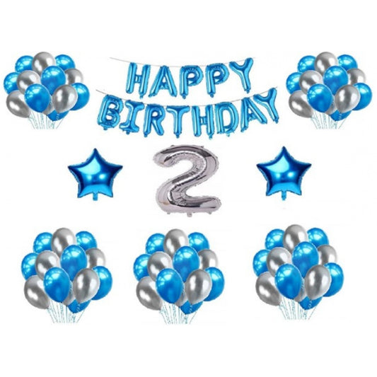 Fashion 2Nd Happy Birthday Decoration Combo With Foil And Star Balloons (Blue, Silver)