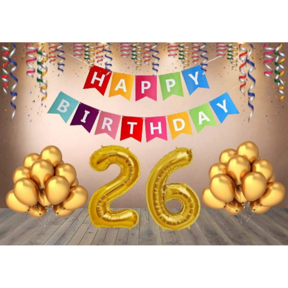 Amfyn 26Th Happy Birthday Decoration Combo With Multi Color Banner (Golden)