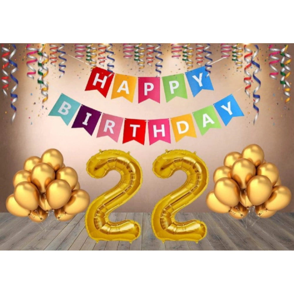 Amfyn 22Nd Happy Birthday Decoration Combo With Multi Color Banner (Golden)