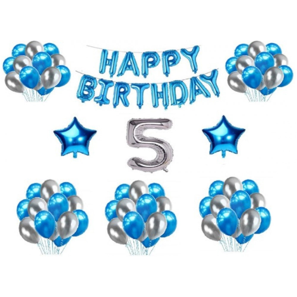 Fashion 5Th Happy Birthday Decoration Combo With Foil And Star Balloons (Blue, Silver)