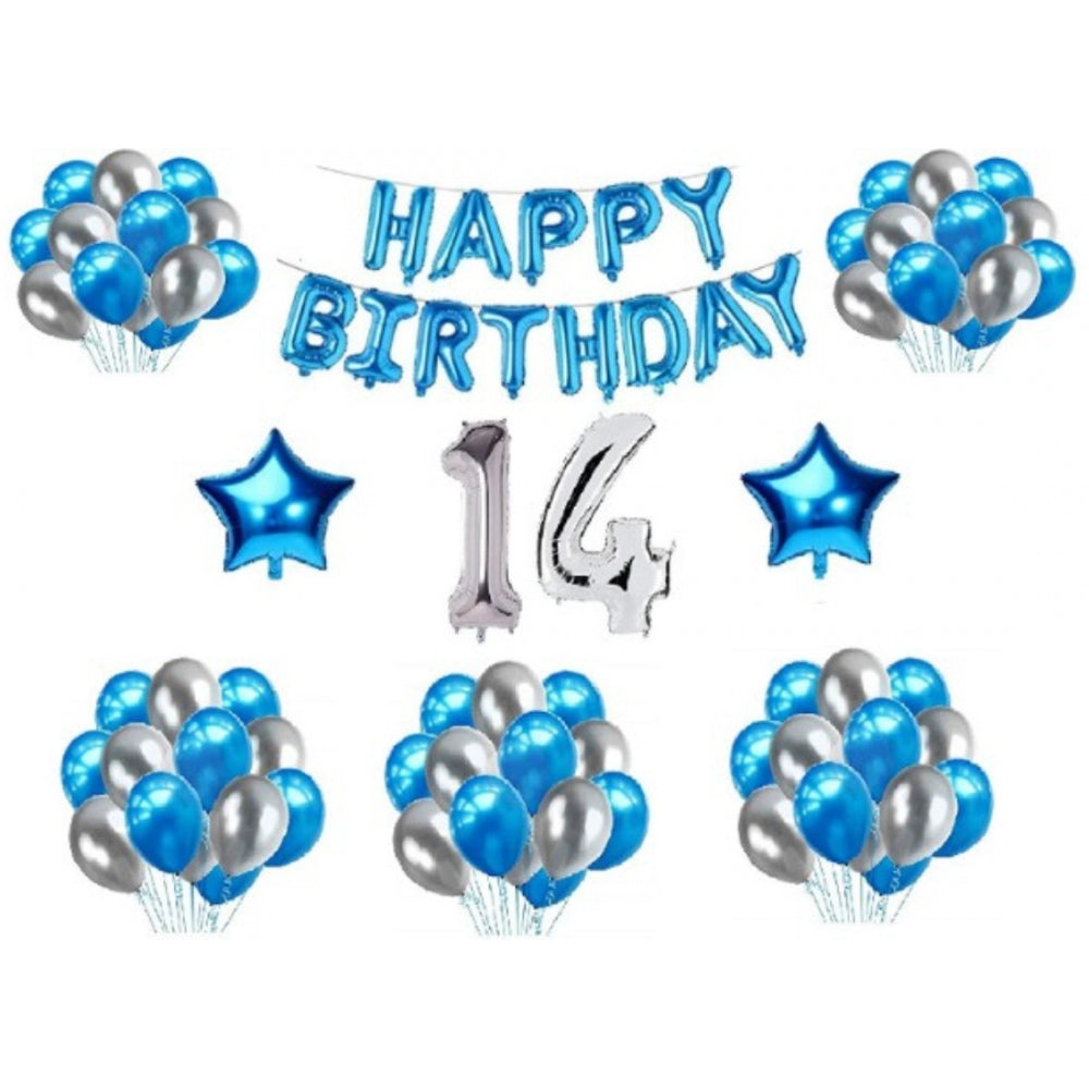 Amfyn 14Th Happy Birthday Decoration Combo With Foil And Star Balloons (Blue, Silver)