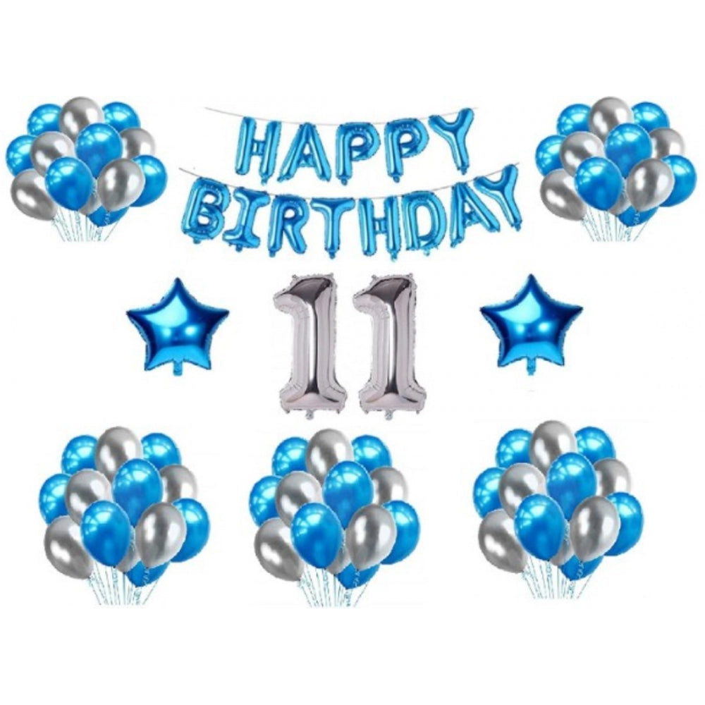 Amfyn 11Th Happy Birthday Decoration Combo With Foil And Star Balloons (Blue, Silver)