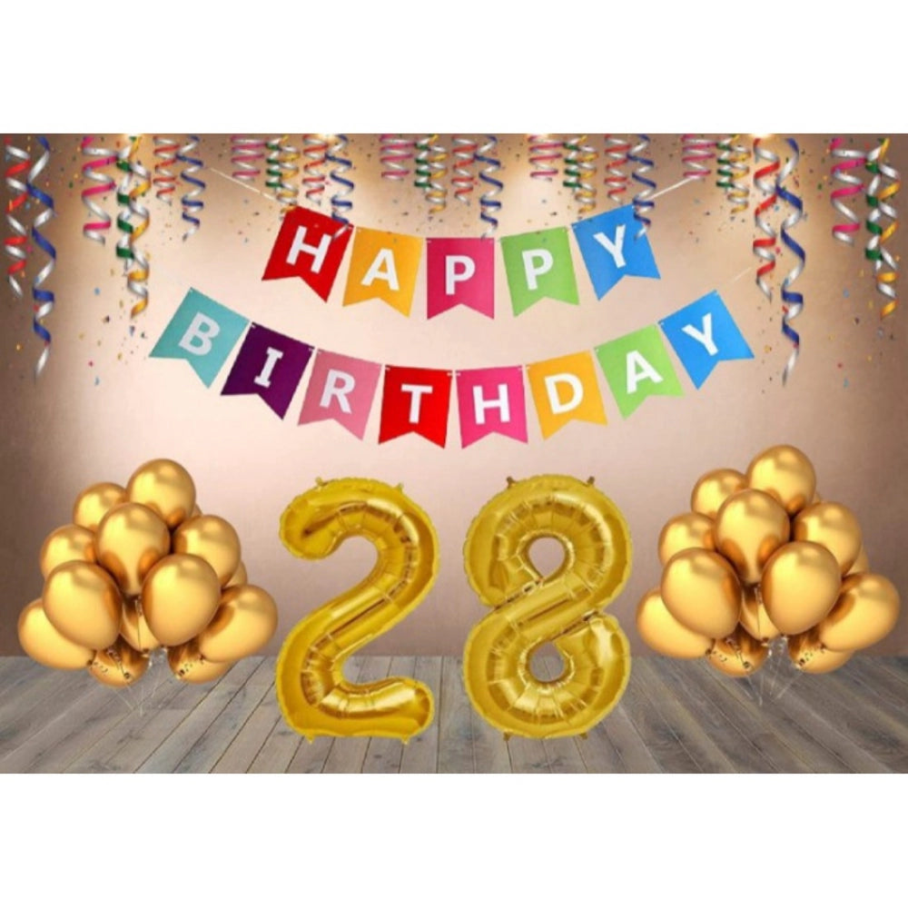 Amfyn 28Th Happy Birthday Decoration Combo With Multi Color Banner (Golden)