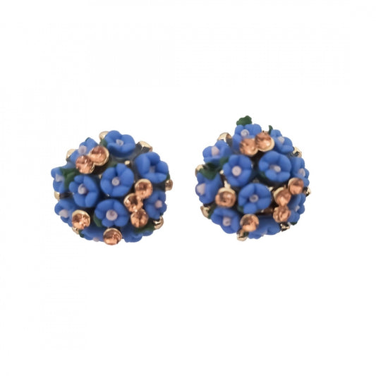 Fashion Women's Metal White Ceramic And Stones Gold Plated Stud (Blue)