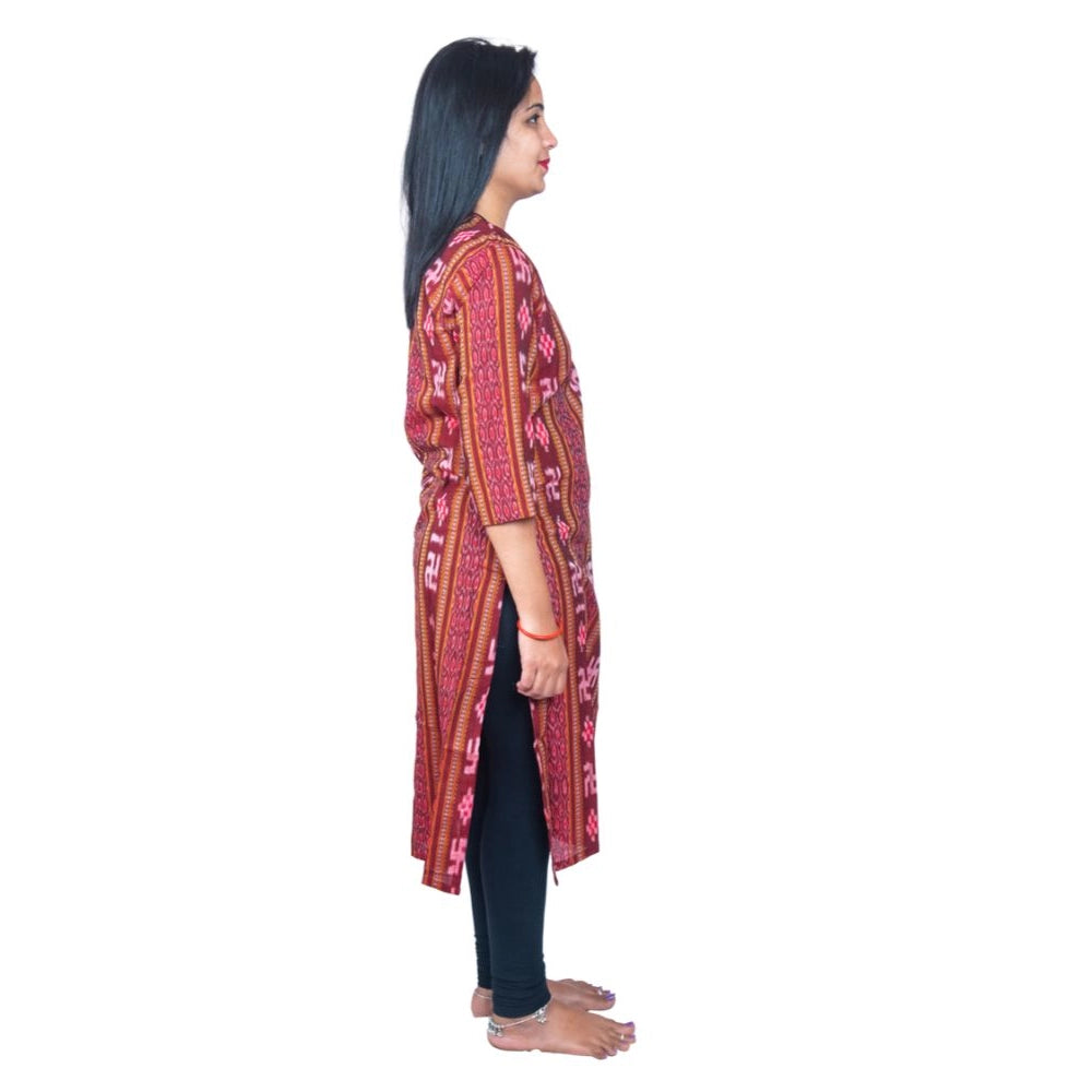 Amfyn Women's Sambalpuri Certified Handloom Pure Cotton Straight Kurti (Maroon)