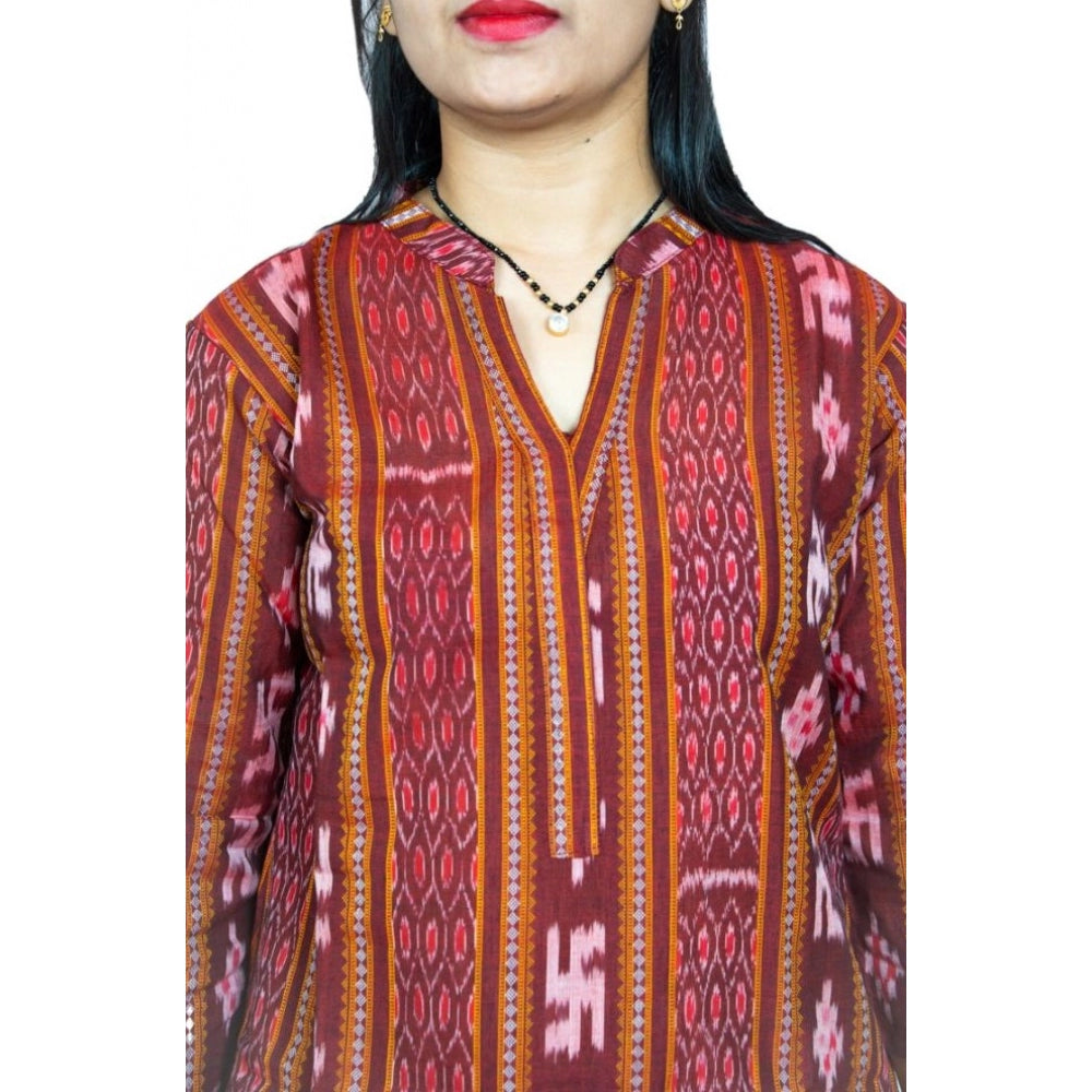 Amfyn Women's Sambalpuri Certified Handloom Pure Cotton Straight Kurti (Maroon)