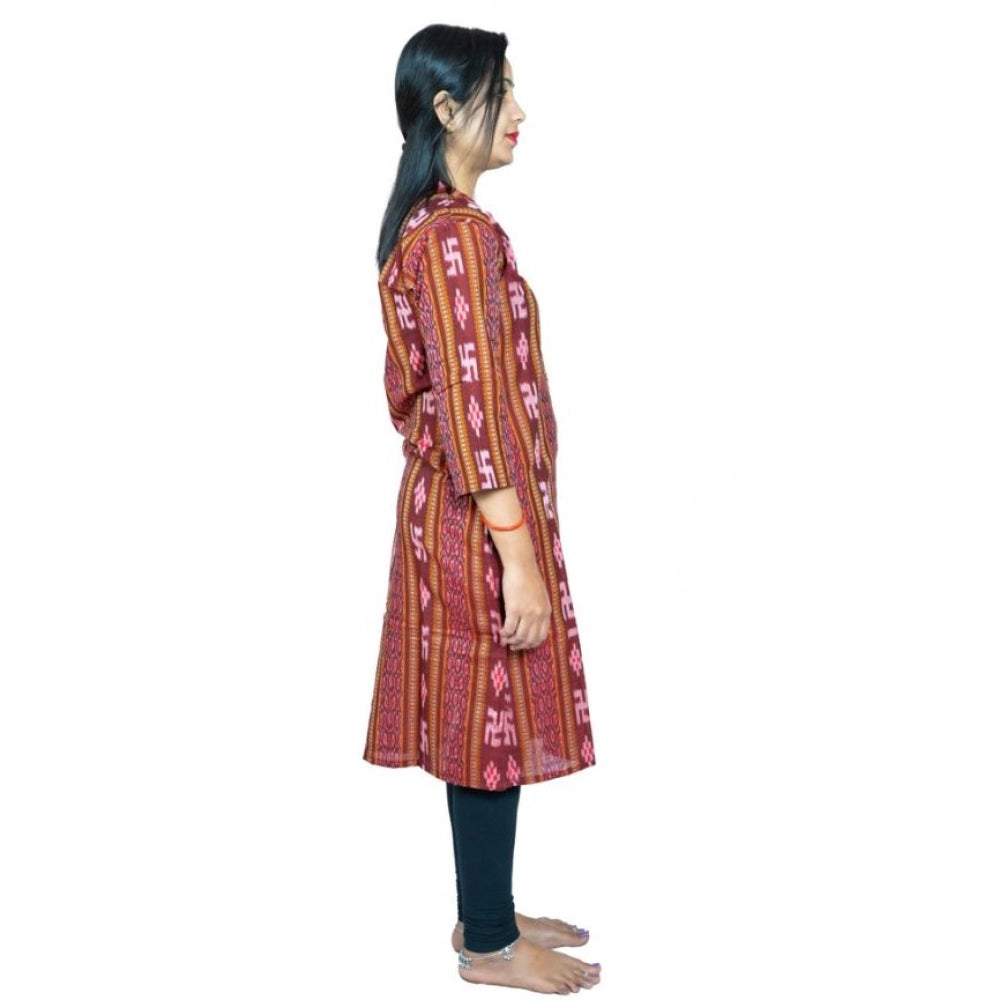 Amfyn Women's Sambalpuri Certified Handloom Pure Cotton Straight Kurti (Maroon)