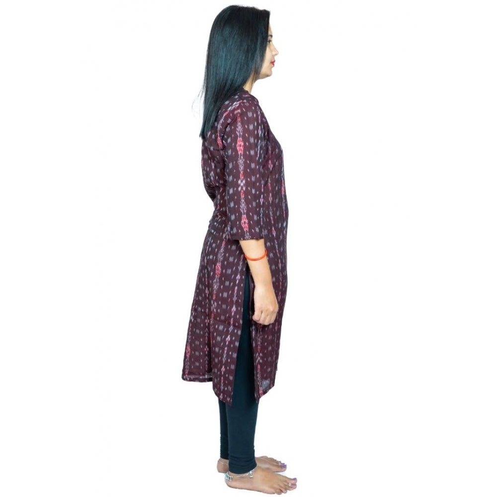 Amfyn Women's Sambalpuri Certified Handloom Pure Cotton Straight Kurti (Brown)