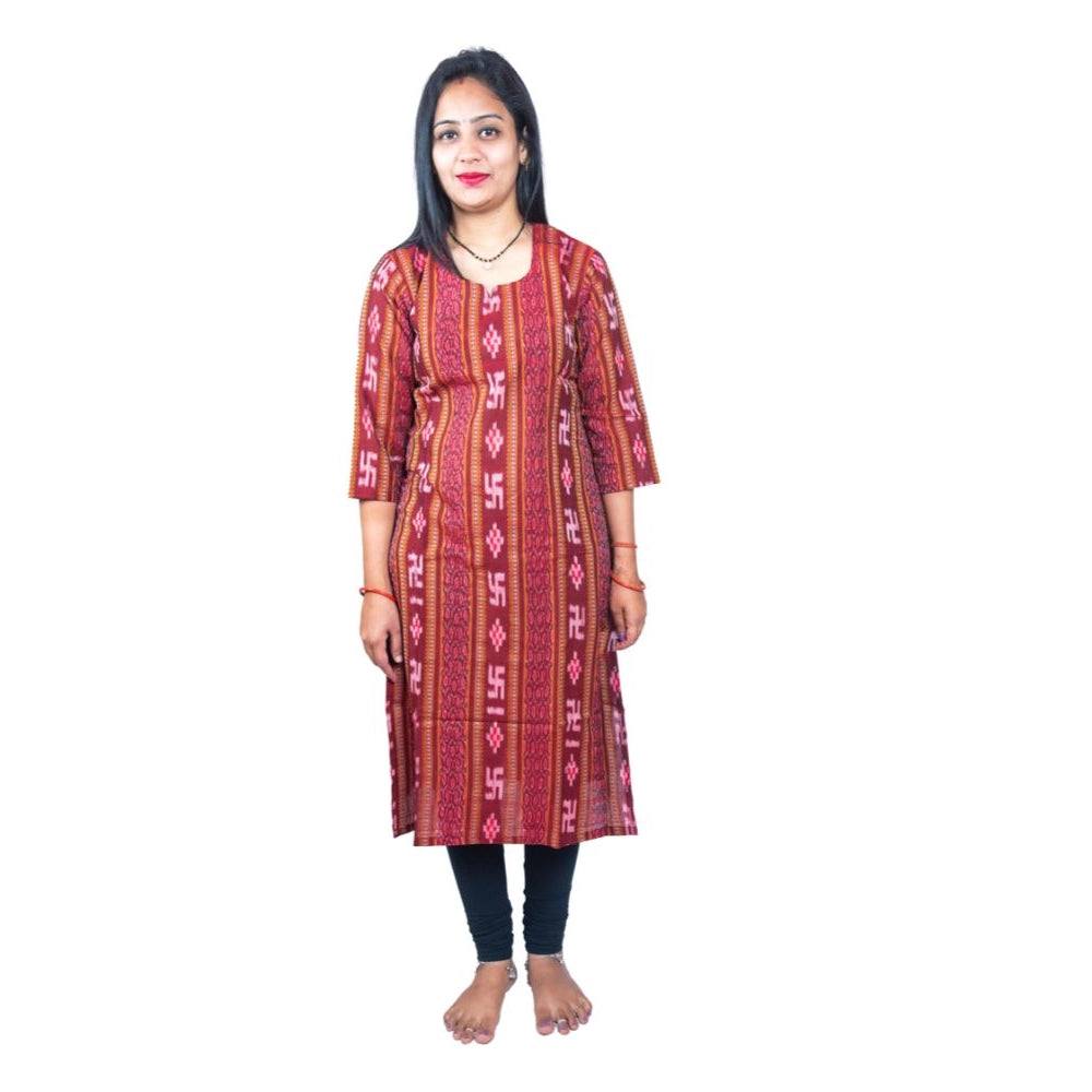 Amfyn Women's Sambalpuri Certified Handloom Pure Cotton Straight Kurti (Maroon)