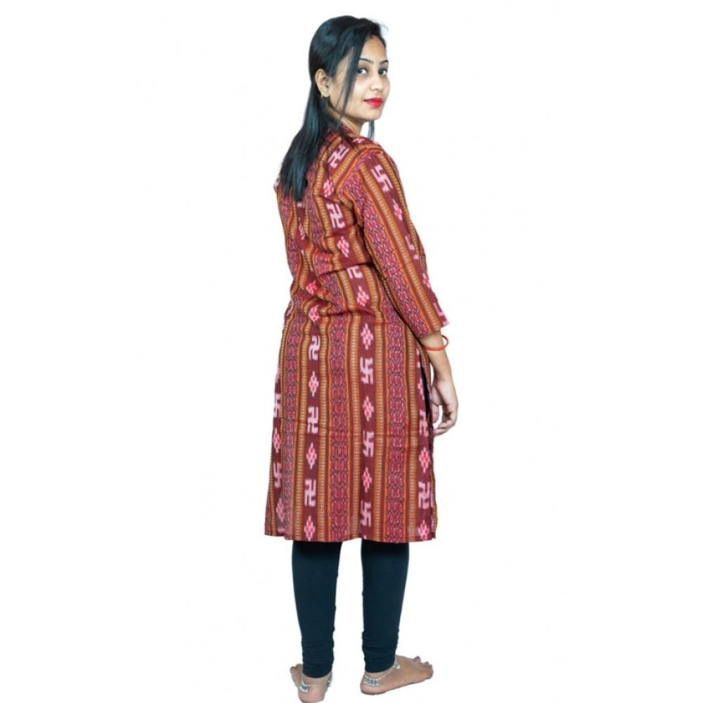 Amfyn Women's Sambalpuri Certified Handloom Pure Cotton Straight Kurti (Maroon)