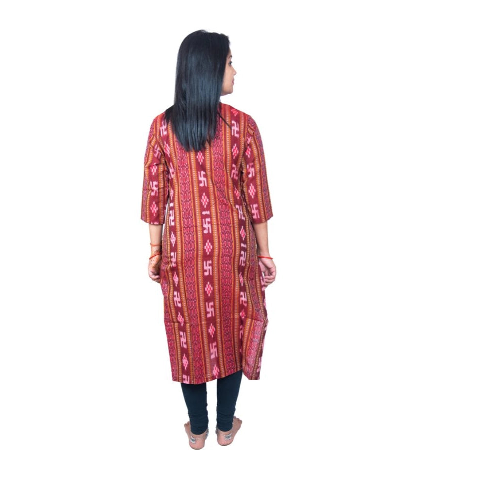 Amfyn Women's Sambalpuri Certified Handloom Pure Cotton Straight Kurti (Maroon)