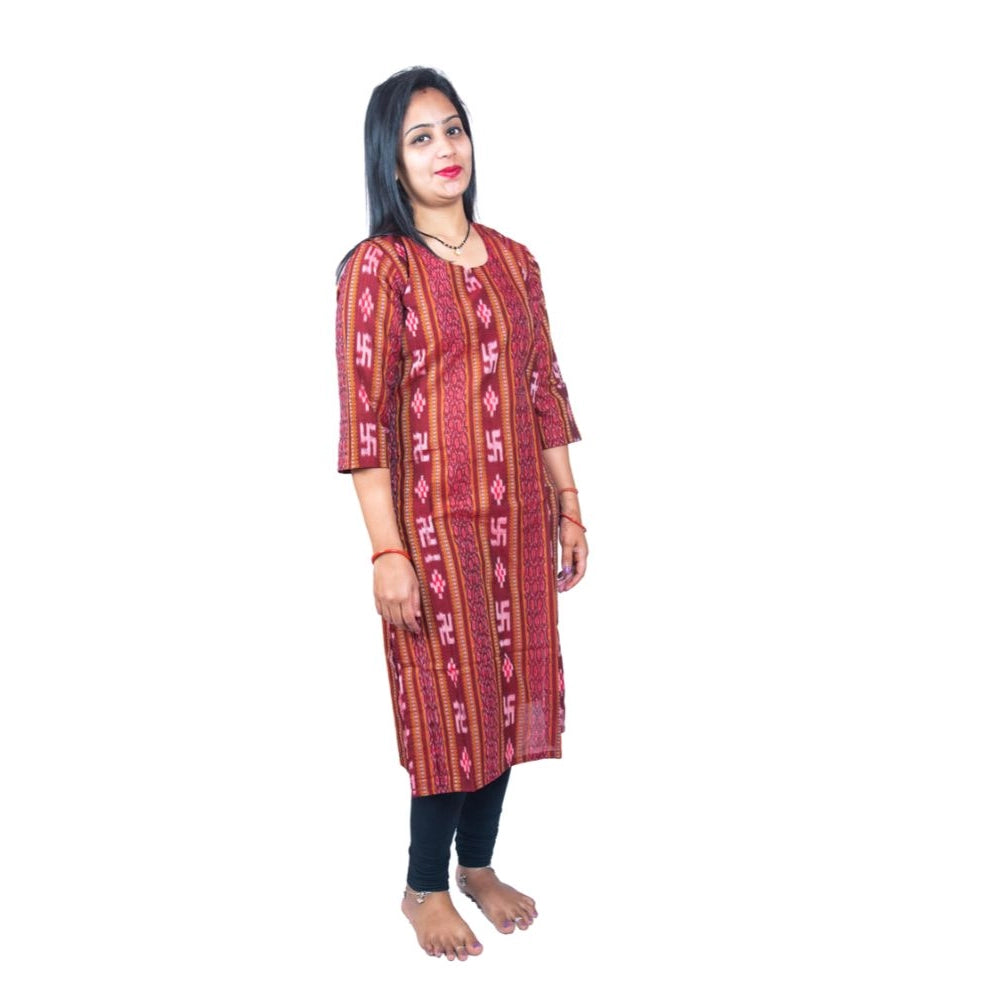 Amfyn Women's Sambalpuri Certified Handloom Pure Cotton Straight Kurti (Maroon)